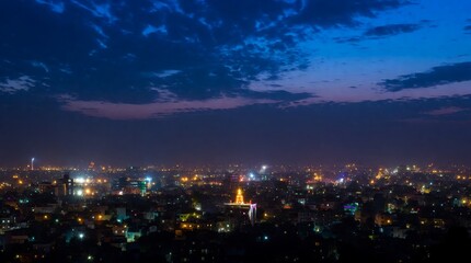 Fototapeta premium Majestic city skyline glowing under evening twilight with illuminated structures