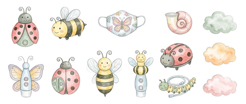 Cute medical device clipart watercolor kids diabetic insulin pump CGM sensor cartoon insects bumblebee ladybug butterfly allergen face mask medical equipment illustrations set. Isolated on black.