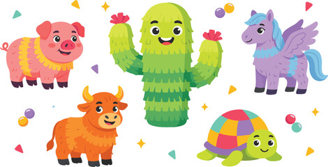 Naklejka premium Cute Mexican Piñata Vector Character Set Featuring Cactus, Pig, Donkey, Bull, and Turtle with Colorful Confetti for Fiesta Birthday Party Designs