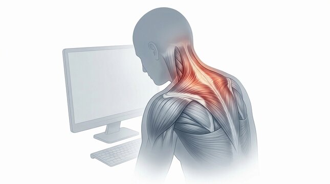 Back view of person with neck and shoulder muscle pain
