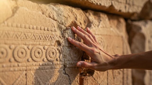 Close up of hand touching ancient carved stone wall with intricate patterns in warm sunlight