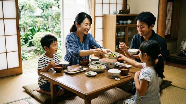 Happy Japanese family of four sharing a traditional meal at a low wooden dining table, passing chopsticks and dishes in a sunlit tatami room with shoji screens and a serene garden view