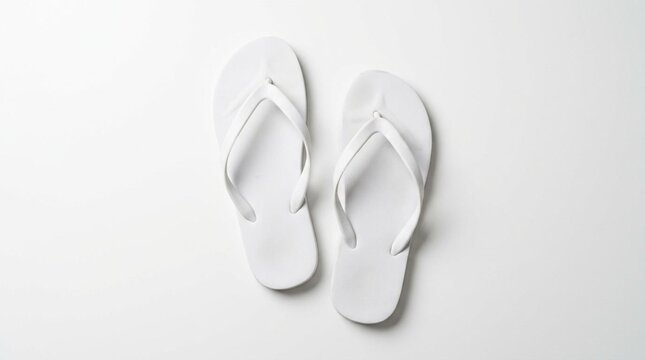 Pair of plain white rubber flip flop sandals arranged casually on clean white background, soft overhead studio lighting, minimalist top down view, summer footwear product photography, simple casual