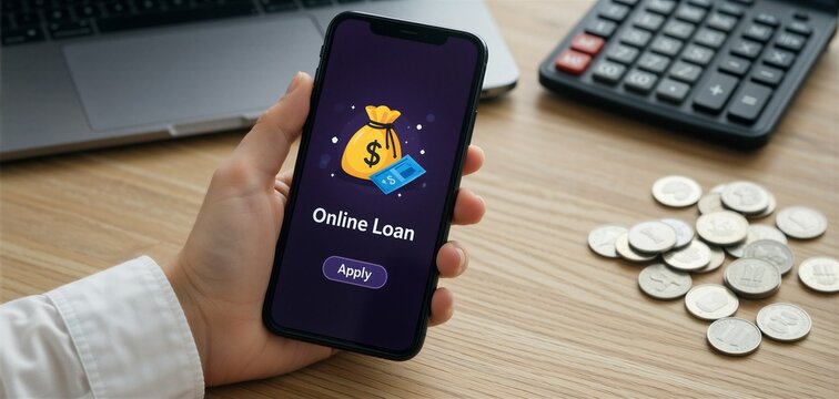 Hand holding smartphone displaying an online loan application interface for personal finance and fintech.