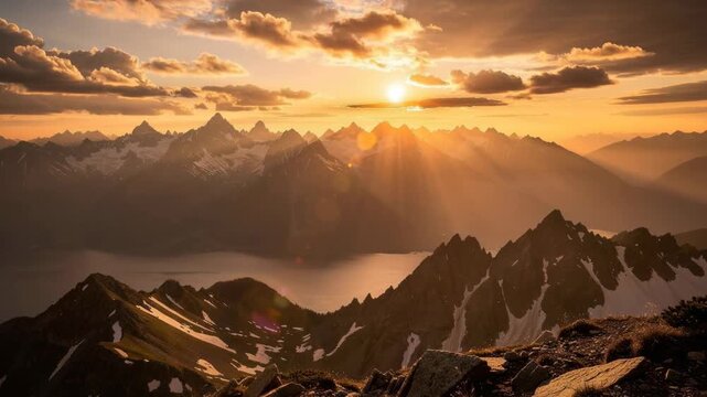 Sunset over majestic mountain range with lake and golden sky scenic natural landscape