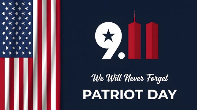 Patriot Day horizontal background with a vertical American flag stripe along the left edge, dark blue backdrop, and central Twin Towers memorial text.