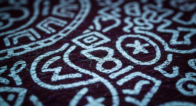 Intricate White Geometric Tribal Patterns Embossed on Dark Textured Fabric
