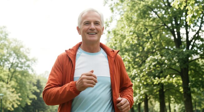 Smiling senior man jogging in a park, embodying active aging and a healthy lifestyle outdoors.