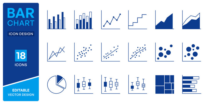 Set of blue business data charts and financial graph icons for professional presentation design projects