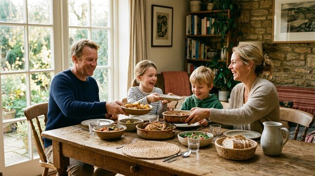 Happy Caucasian family sharing homemade meal together at wooden dining table in cozy sunlit home, parents passing ceramic dishes of pasta, salad, bread to children