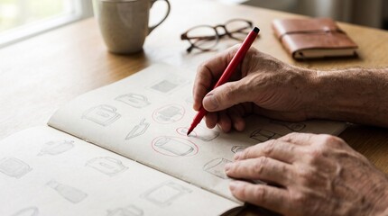 Naklejka premium A close-up of a person's hands holding a red pen and drawing in a notebook. A cup of coffee and glasses are on the table beside the notebook