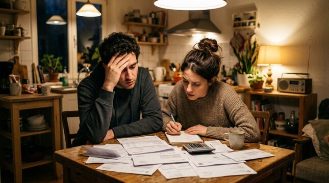 Stressed young couple at kitchen table reviewing scattered bills, receipts, and calculator under warm lamp light at home, worried about finances and monthly budget