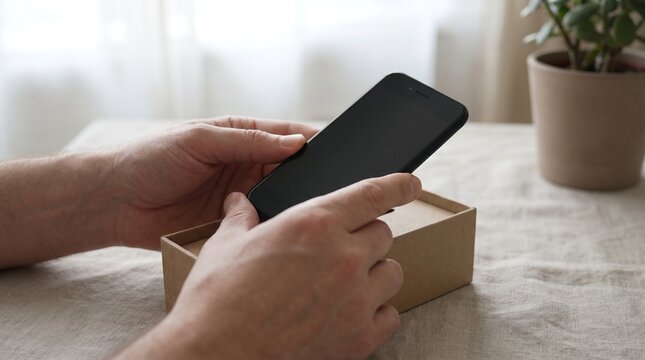 Hands holding a new smartphone, removing it from its packaging. The phone has a sleek black design, hinting at a modern and tech-savvy experience