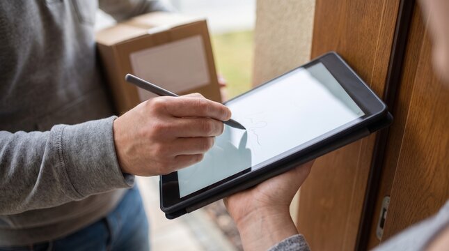 A person signing for a package on a tablet device. A delivery person is holding the package while the recipient signs.