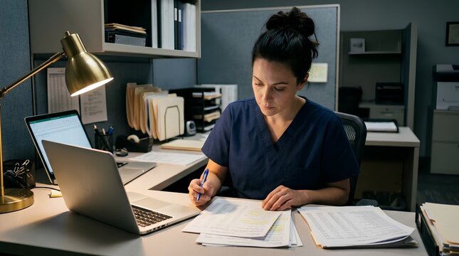 Focused female medical biller in navy scrubs reviewing printed coding reports at office desk beside open laptop under warm lamp light