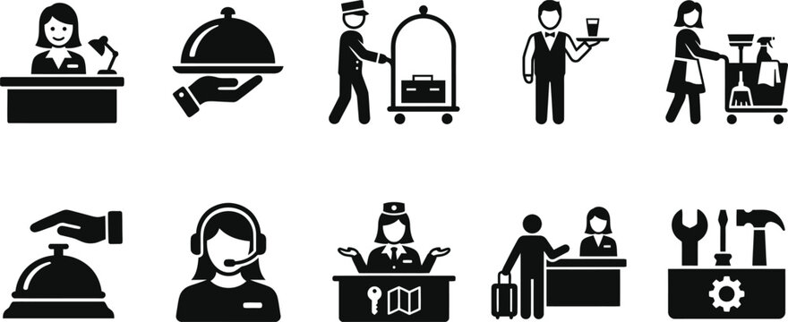 Hotel staff and concierge services solid icon set featuring reception porter server cleaning maintenance professional symbols concierge reception cleaning maintenance profession