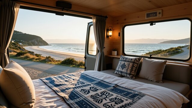 Cozy bedroom inside a caravan overlooking the ocean at sunset