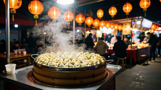 Steaming dumplings in a bamboo steamer at an outdoor night market with colorful lanterns and busy food stalls in the background