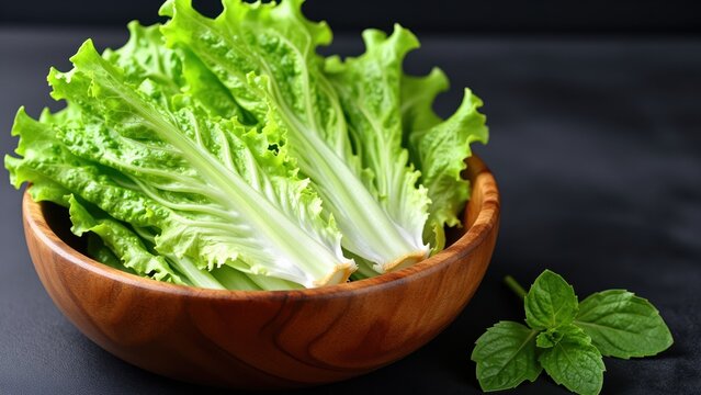 Fresh green leaf lettuce in a wooden bowl with mint sprig on dark background for healthy eating or culinary presentation