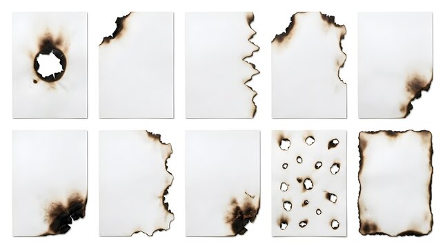 Set of ten white paper sheets with burnt edges and scorched holes isolated on white background scorched collection stationery parchment isolated background template document paperwork