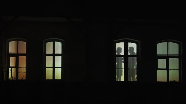 Shadows of in windows of house at night. date with wine