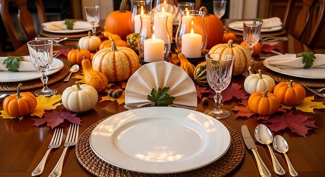 Elegant thanksgiving dinner table setting with pumpkins and glowing candles centerpiece