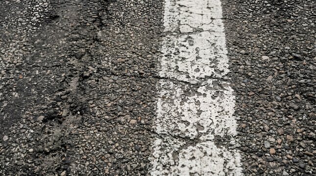 Close-up view of weathered asphalt pavement surface with faded white painted road markings, showing fine cracks, aggregate texture, and gravel wear patterns in grayscale tones
