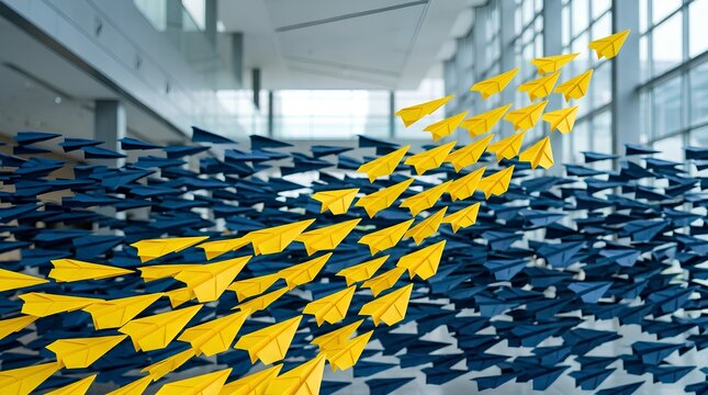 Diverse swarm of yellow and navy blue paper airplanes diverging in flight inside a modern office atrium, symbolizing divergent business strategies, market segmentation, and competitive pivoting