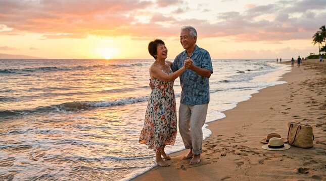 Happy senior Asian couple dancing joyfully barefoot on a sandy beach at golden sunset, holding hands, smiling, waves lapping shoreline, hat and bag on sand, tropical paradise romance, lifestyle