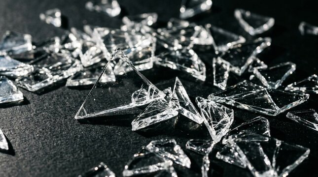Macro photograph of shattered clear glass fragments scattered across a dark matte surface, showcasing sharp jagged edges, fractured shards, broken pieces, crystal-like splinters, and reflective