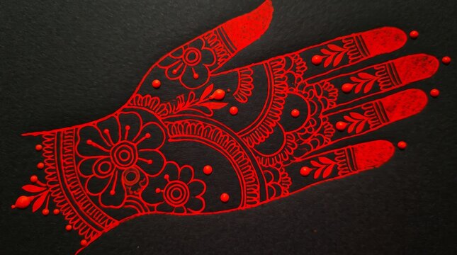 Detailed hand drawn floral patterns in vibrant red ink on dark textured surface