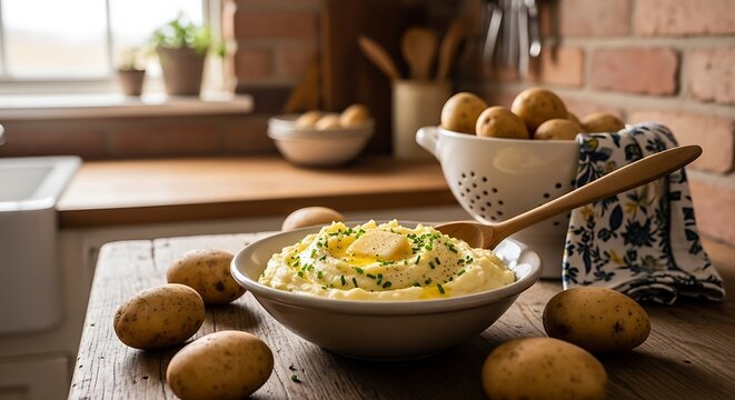 Bowl of creamy mashed potatoes with butter on a rustic kitchen table
