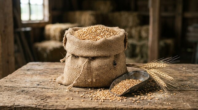 Burlap sack overflowing with golden wheat grains, vintage metal scoop and wheat ears on weathered rustic wooden table, warm farmhouse harvest still life with scattered seeds and golden tones