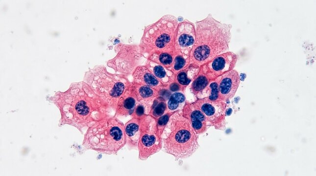 Microscopic close-up of glistening pink ovarian cells with clustered deep-blue irregular nuclei, stained cytology sample revealing detailed cell structure, brightfield histopathology lab image