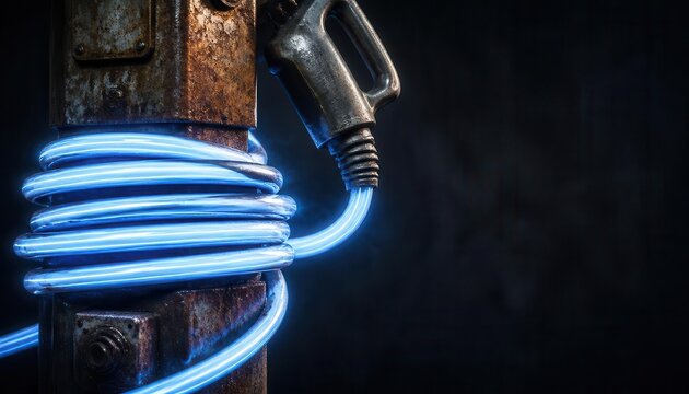 Dramatic Macro Close Up of Glowing Blue Electrical Wires on Wooden Surface in Dark Setting