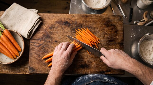 Overhead view of chef's flour-dusted hands slicing fresh orange carrots on rustic wooden cutting board with sharp chef's knife in cozy kitchen preparation scene