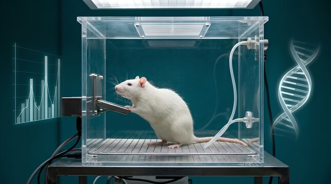 White laboratory rat inside a clear acrylic operant conditioning chamber with a metal response lever and translucent infusion tubing, scientific research setup, biology experiment
