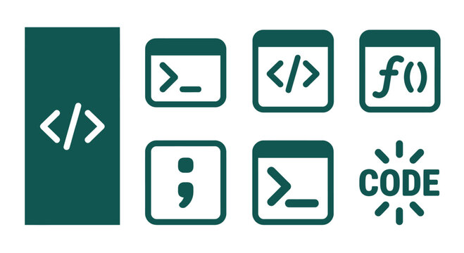 Minimal Dark Teal Code Icon Set featuring Programming Symbols like Brackets, Terminal Prompt, Function, and Semicolon. Flat Vector Graphics for Web Development and Software Engineering on White.