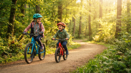 Fototapeta premium Children riding bicycles and laughing on a forest path during summer 