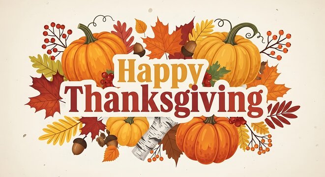 Happy thanksgiving greeting card with pumpkins and colorful autumn fall leaves