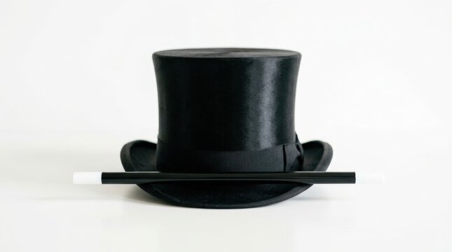 Black magician top hat with wand isolated on white background
