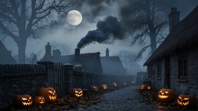 Spooky halloween night in a dark village with glowing jack o lanterns