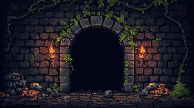 Dark Dungeon Entrance with Torchlight in Pixel Art Fantasy Style