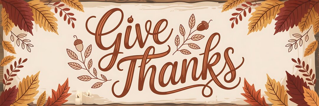 Give thanks lettering with autumn leaves on a rustic wooden background
