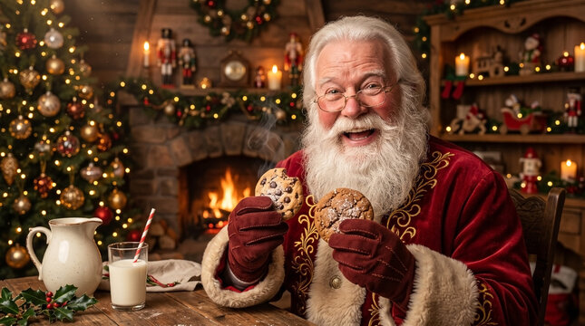 A delighted Santa Claus holding freshly baked Christmas cookies.