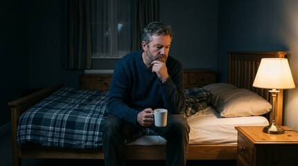 Fototapeta premium Thoughtful middle-aged man sitting alone on bed edge in dimly lit bedroom at night, holding white mug with hand on chin, soft warm lamp light, contemplative mood, insomnia