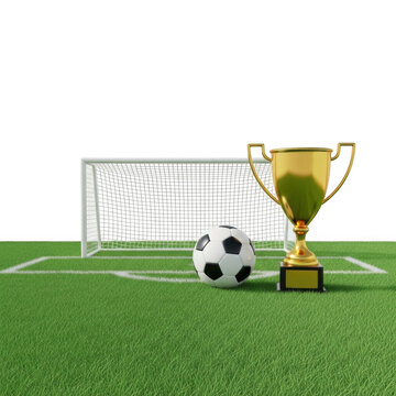 Soccer ball and trophy on green field isolated on transparent background