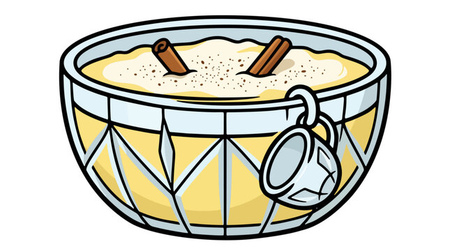 Crystal punch bowl of eggnog with cinnamon sticks vector illustration
