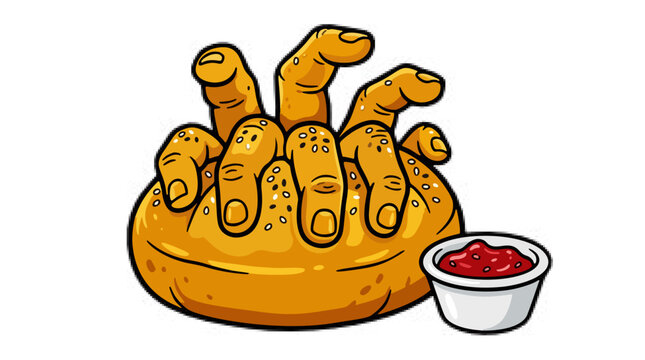 Creepy Halloween zombie hand bread loaf with red dip vector illustration