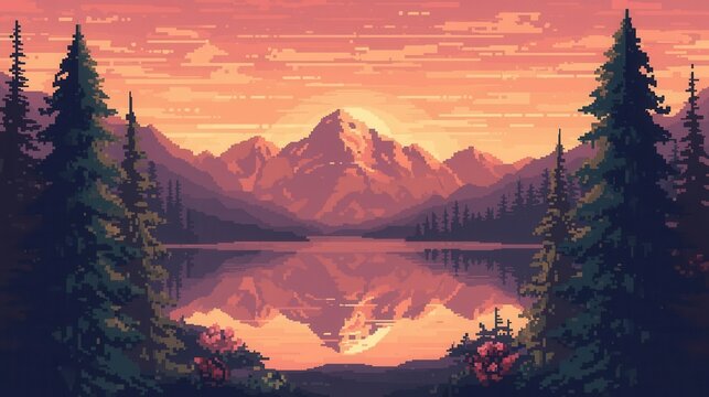 Serene Mountain Lake Reflection at Sunset with Pine Trees and Snow Peaks